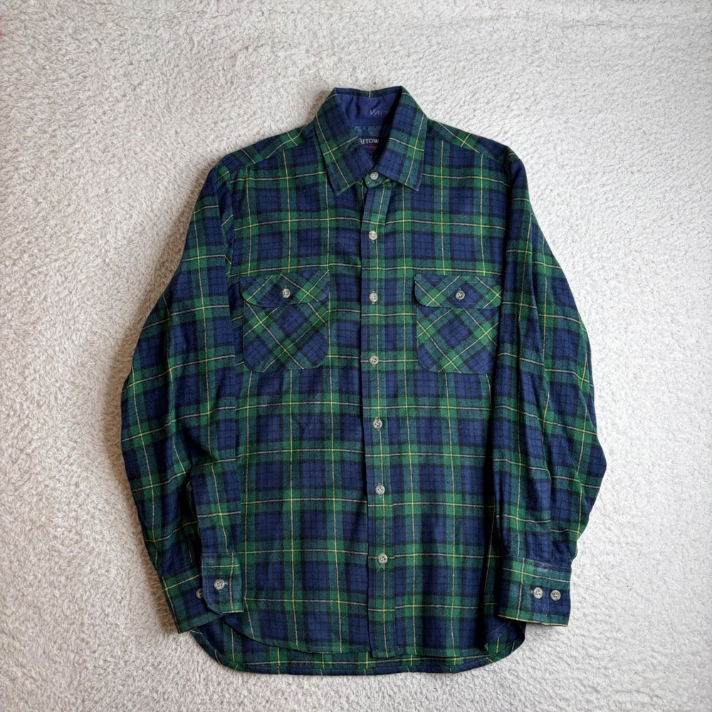 Arrow Sportswear Mens Small Green Blue Plaid Flannel Work Shirt LS